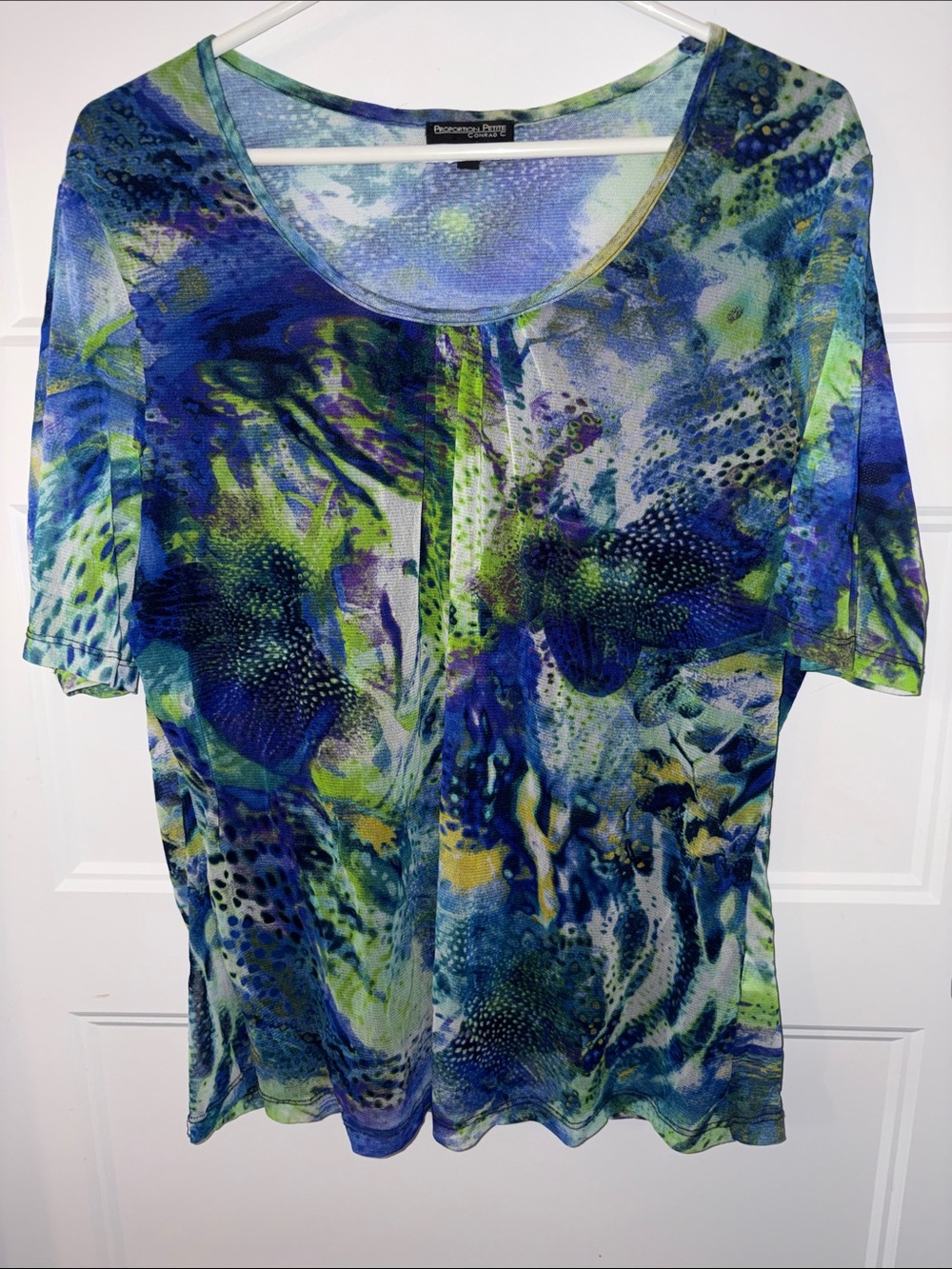 Roaman's Short Sleeve Scoop Neck Abstract Blue-Green Print Top